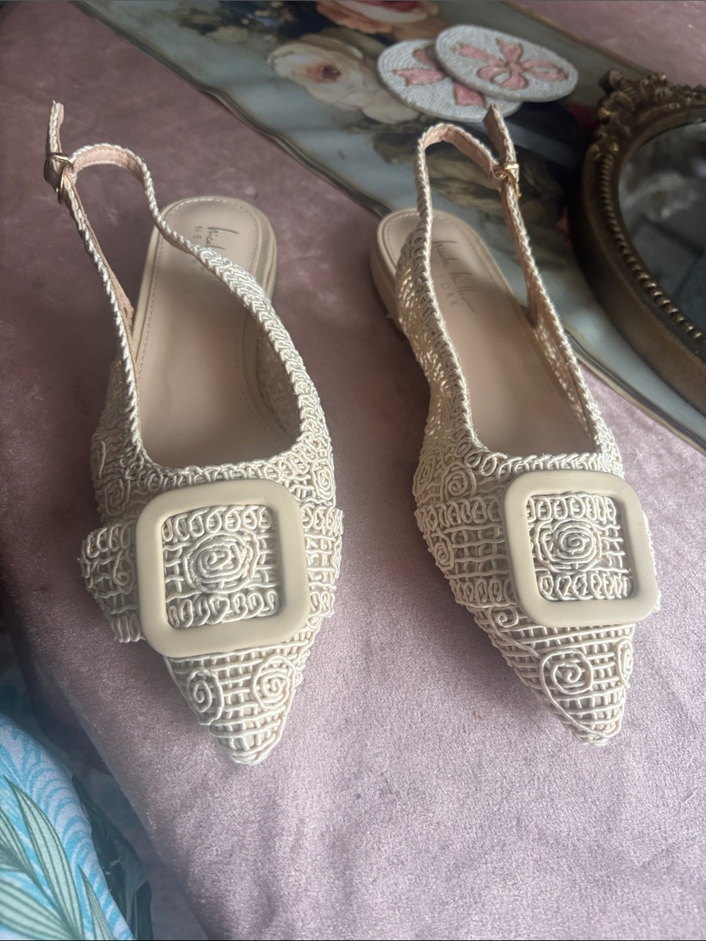 Nicole Miller Cream Embroidered Pointed Slingback Flats with Decorative Buckle